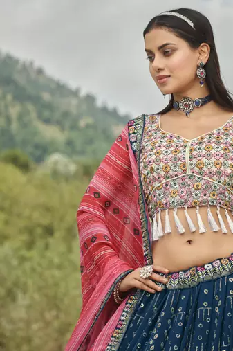 BLUE SEQUINS AND THREAD EMBROIDERED FAUX GEORGETTE FESTIVE & PARTY WEAR SEMI STITCHED LEHENGA