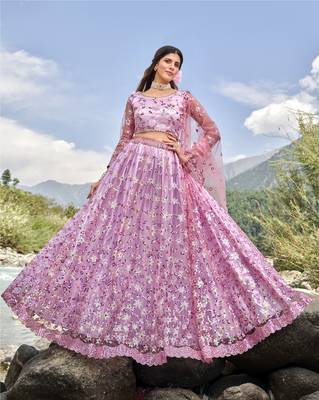 LAVENDER PINK SEQUINS AND THREAD EMBROIDERED SOFT NET FESTIVE & PARTY WEAR SEMI STITCHED LEHENGA 1