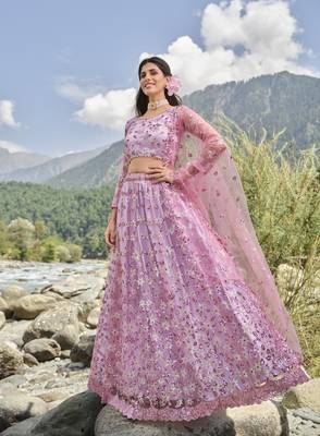 LAVENDER PINK SEQUINS AND THREAD EMBROIDERED SOFT NET FESTIVE & PARTY WEAR SEMI STITCHED LEHENGA 3