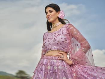 LAVENDER PINK SEQUINS AND THREAD EMBROIDERED SOFT NET FESTIVE & PARTY WEAR SEMI STITCHED LEHENGA 4