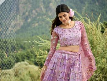 LAVENDER PINK SEQUINS AND THREAD EMBROIDERED SOFT NET FESTIVE & PARTY WEAR SEMI STITCHED LEHENGA 6