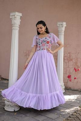 Voolka lavender sequins embroidered faux georgette gown | bell sleeves | square neck 1