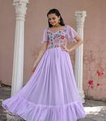 Voolka lavender sequins embroidered faux georgette gown | bell sleeves | square neck