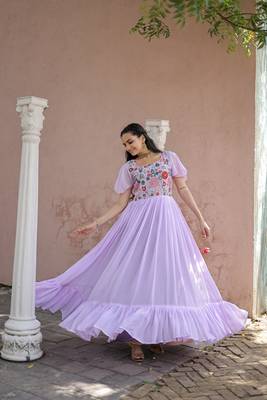Voolka lavender sequins embroidered faux georgette gown | bell sleeves | square neck 2