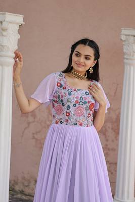 Voolka lavender sequins embroidered faux georgette gown | bell sleeves | square neck 3
