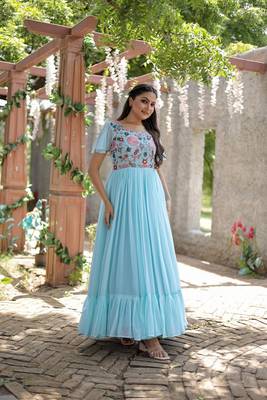 Voolka turquoise sequins embroidered gown | faux georgette | bell sleeves | square neck 1