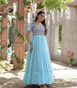 Voolka turquoise sequins embroidered gown | faux georgette | bell sleeves | square neck