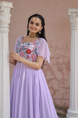 Voolka lavender sequins embroidered faux georgette gown | bell sleeves | square neck 4