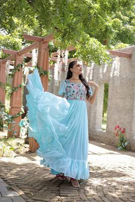 Voolka turquoise sequins embroidered gown | faux georgette | bell sleeves | square neck 2