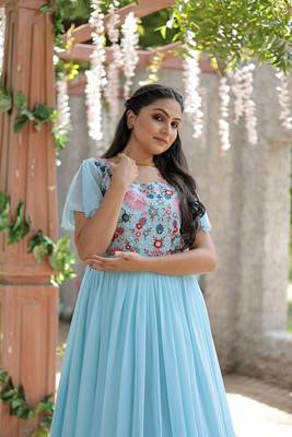 Voolka turquoise sequins embroidered gown | faux georgette | bell sleeves | square neck 3