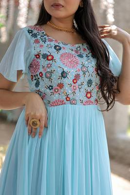Voolka turquoise sequins embroidered gown | faux georgette | bell sleeves | square neck 4