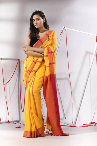 Yellow cotton saree with stripe designs
