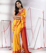 Yellow cotton saree with stripe designs
