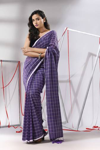 Violet cotton saree with check designs