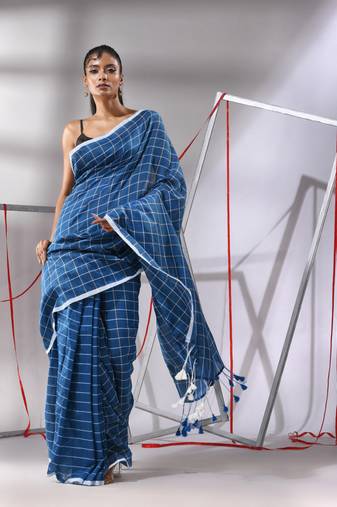 Sapphire blue cotton saree with check designs