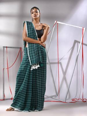 Teal green cotton saree with check designs 1