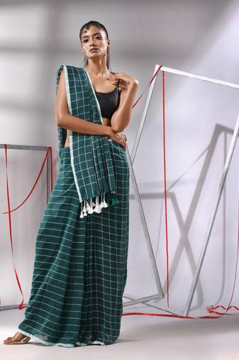 Teal green cotton saree with check designs