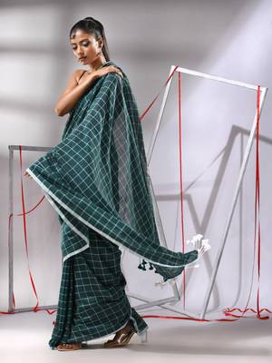 Teal green cotton saree with check designs 2