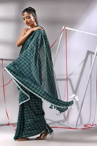 Teal green cotton saree with check designs