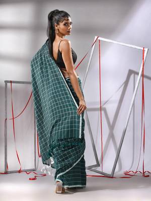 Teal green cotton saree with check designs 3