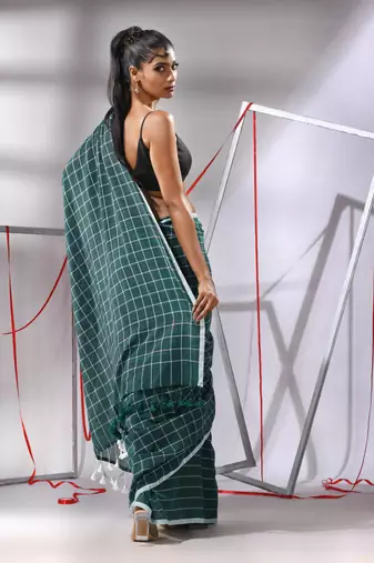 Teal green cotton saree with check designs