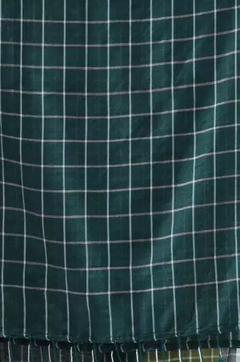 Teal green cotton saree with check designs