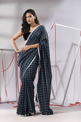 Slate grey cotton saree with check designs