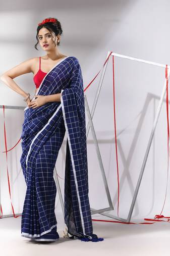 Blue cotton saree with check designs