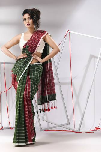 Green cotton saree with check designs