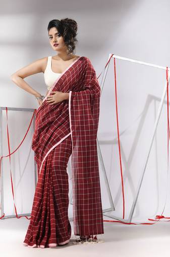 Dark red cotton saree with check designs