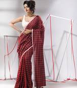Dark red cotton saree with check designs