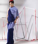 Blue cotton saree with stripes pattern sequine work