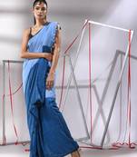 Peacock blue cotton saree with stripes pattern sequine work