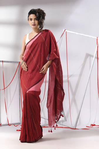 Red cotton saree with stripes pattern sequine work