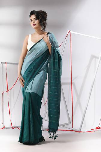 Teal cotton saree with stripes pattern sequine work