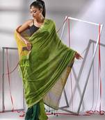 Green cotton saree with sequine work and zari stripe pallu