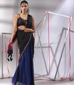 Black cotton saree with sequine work and zari stripe pallu