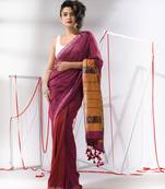 Magenta cotton saree with sequine work and zari stripe pallu