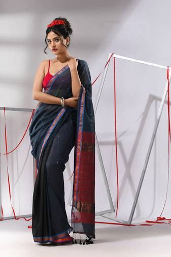 Grey cotton saree with sequine work and zari stripe pallu