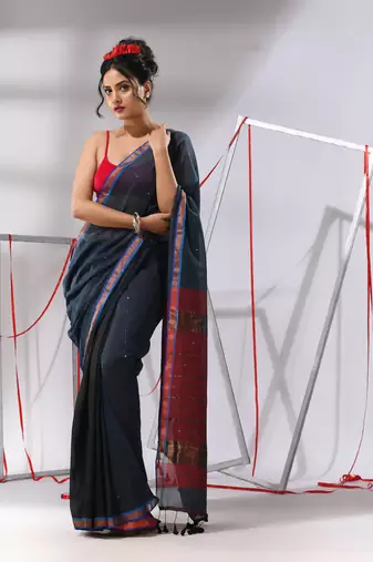 Grey cotton saree with sequine work and zari stripe pallu