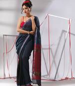 Grey cotton saree with sequine work and zari stripe pallu