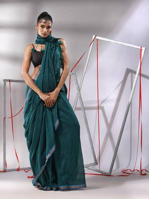 Teal cotton saree with sequined pallu 1