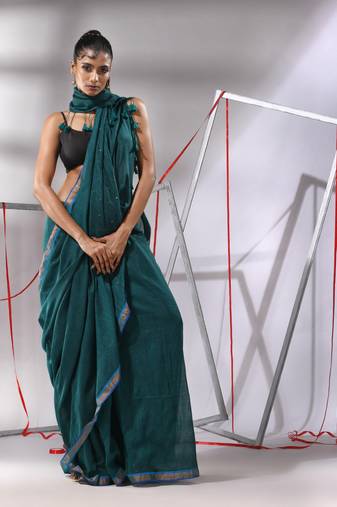 Teal cotton saree with sequined pallu