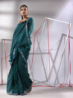 Teal cotton saree with sequined pallu 2