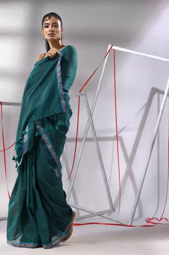 Teal cotton saree with sequined pallu