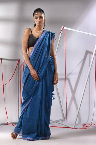 Sapphire blue cotton saree with sequined pallu