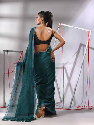 Teal cotton saree with sequined pallu 3