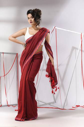 Red cotton saree with sequined pallu