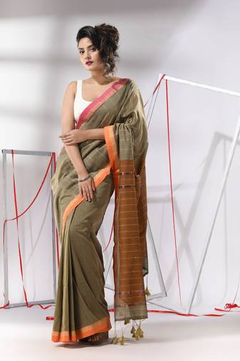 Beige cotton saree with sequined work