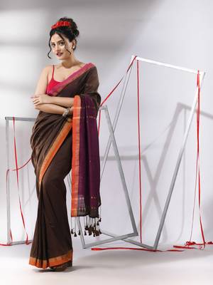 Brown cotton saree with sequined work 1